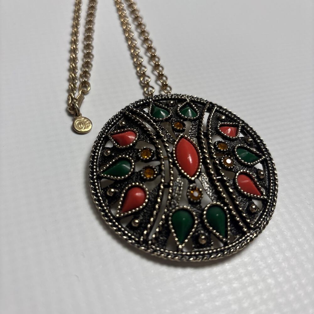Vintage Emmons Necklace Pendant Brooch Art Deco Enamel Green Coral‎ Gold Tone